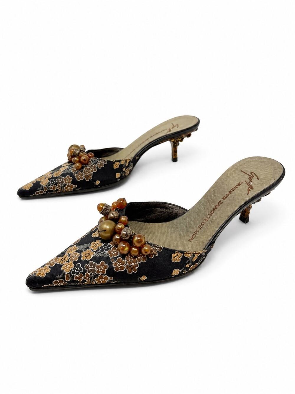 Giuseppe Zanotti Floral Brocade Embellished Kitten Heel Mules Womens Size EU 36